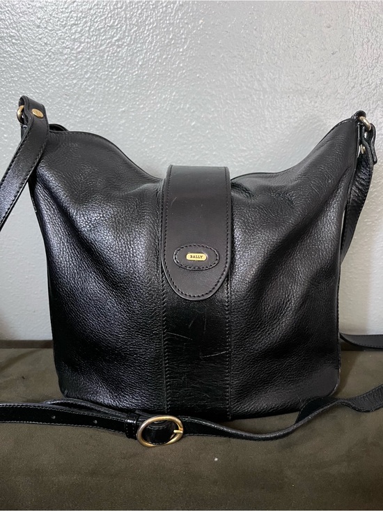 Bally Handbags - Bally Black Pebbled Leather Shoulder Bag with Gold Accents